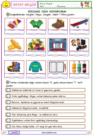 3. Sınıf Hayat Bilgisi İstekler ve İhtiyaçlar Etkinliği