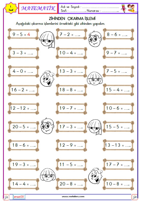 1. Sınıf Matematik Zihinden Çıkarma İşlemi Etkinliği 1