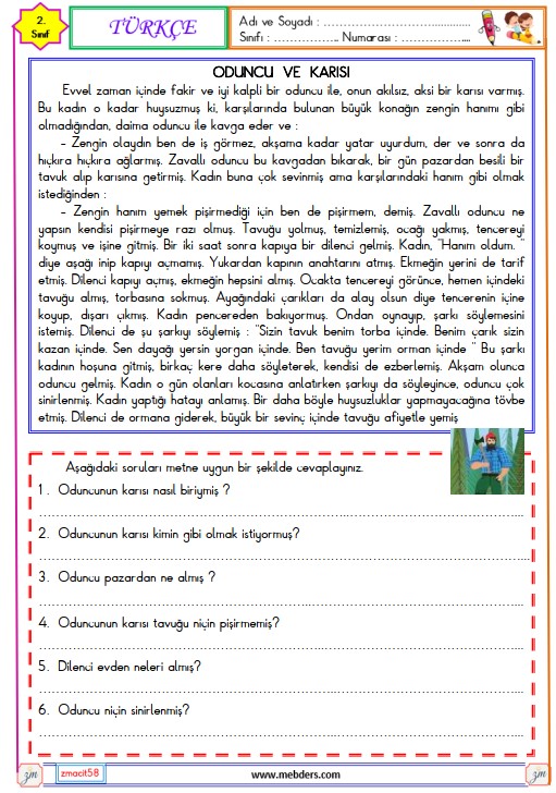 2. Sınıf Türkçe Okuma ve Anlama Metni Etkinliği (Oduncu ve Karısı) 3