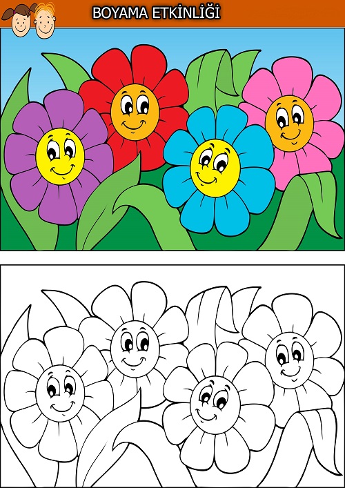 Dört sevimli çiçek boyama etkinliği