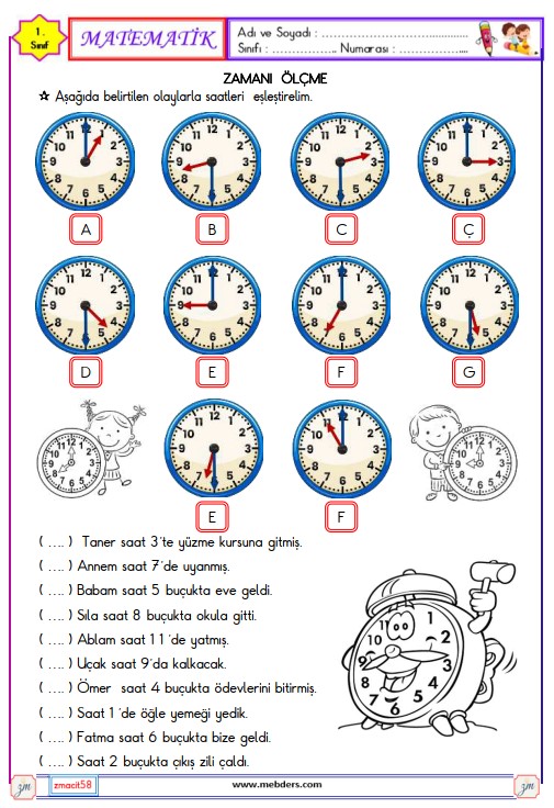 1. Sınıf Matematik Zamanı Ölçme , Saat Etkinliği 8