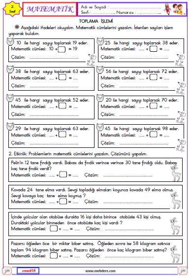 2. Sınıf Matematik Verilmeyen Toplananı Bulma Etkinliği 4