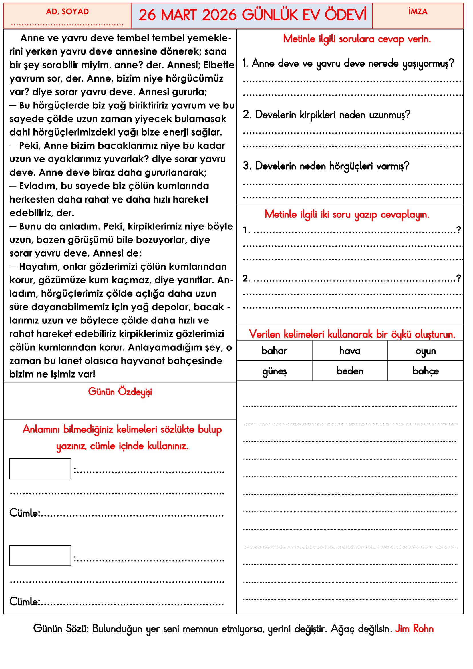 3.Sınıf - 26 Mart 2026 Günlük Ev Ödevleri