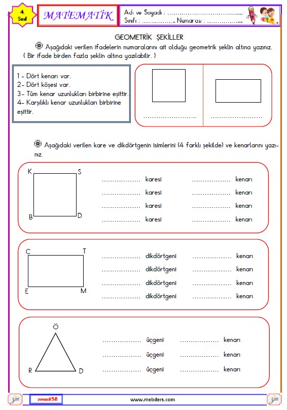 4. Sınıf Matematik Geometrik Şekiller Etkinliği 6