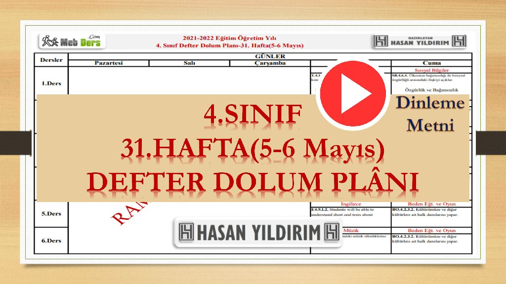 4.Sınıf 31.Hafta(5-6 Mayıs) Defter Dolum Planı