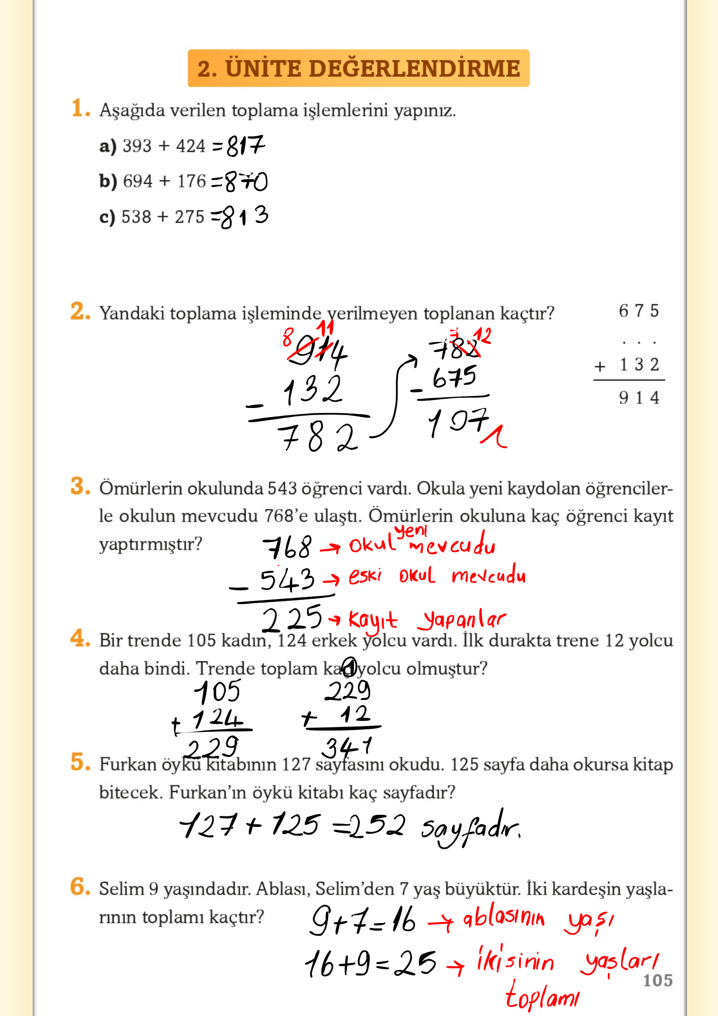 3. Sınıf Matematik Ekoyay Yayınları 2. Ünite Değerlendirmesi Cevapları