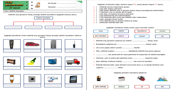 3.Sınıf Fen Bilimleri Elektrik Kaynakları Etkinliği
