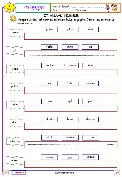 3. Sınıf Türkçe Zıt Anlamlı Kelimeler Etkinliği 3
