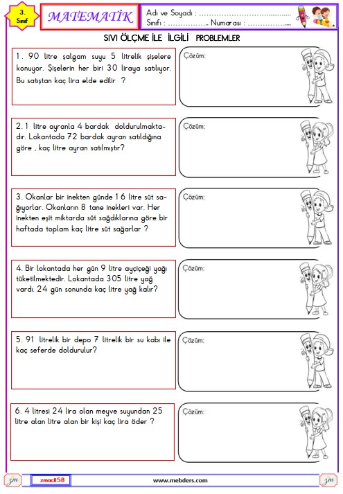 3. Sınıf Matematik Sıvı Ölçme ile İlgili Problemler Etkinliği 9