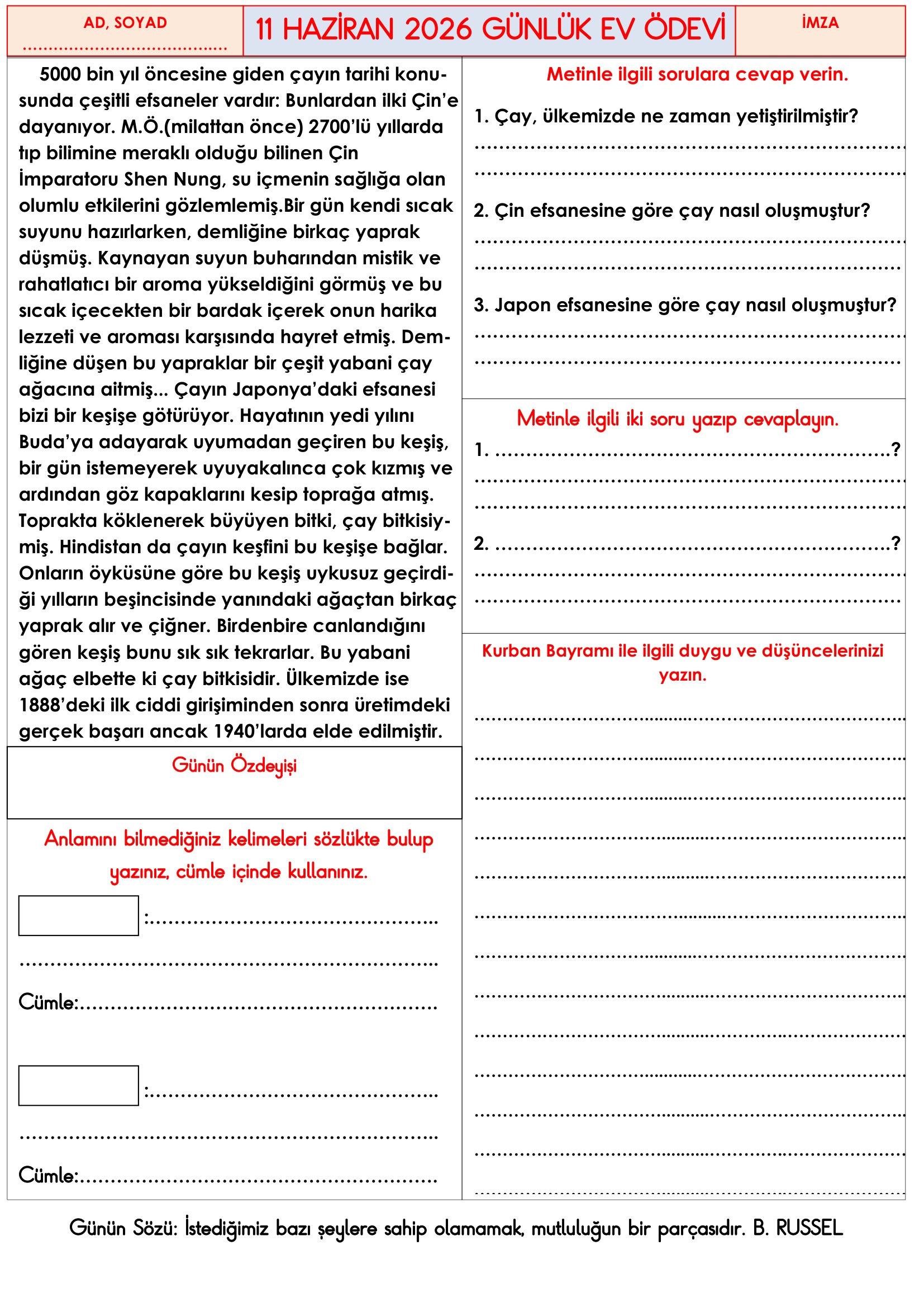 3.Sınıf - 11 Haziran 2026 Günlük Ev Ödevleri