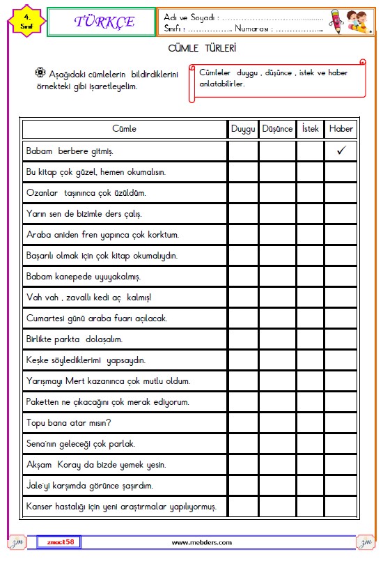 4. Sınıf Türkçe Cümle Bilgisi Etkinliği 2