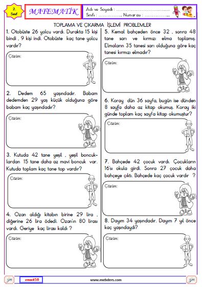 2. Sınıf Matematik Toplama ve Çıkarma İşlemi ile İlgili Problemler Etkinliği 1