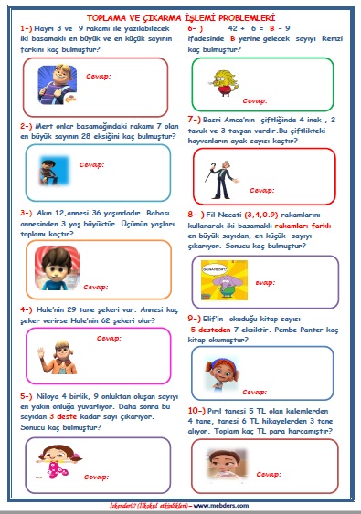 2.Sınıf Matematik Toplama ve Çıkarma İşlemi Problemleri  Değerlendirme Çalışması