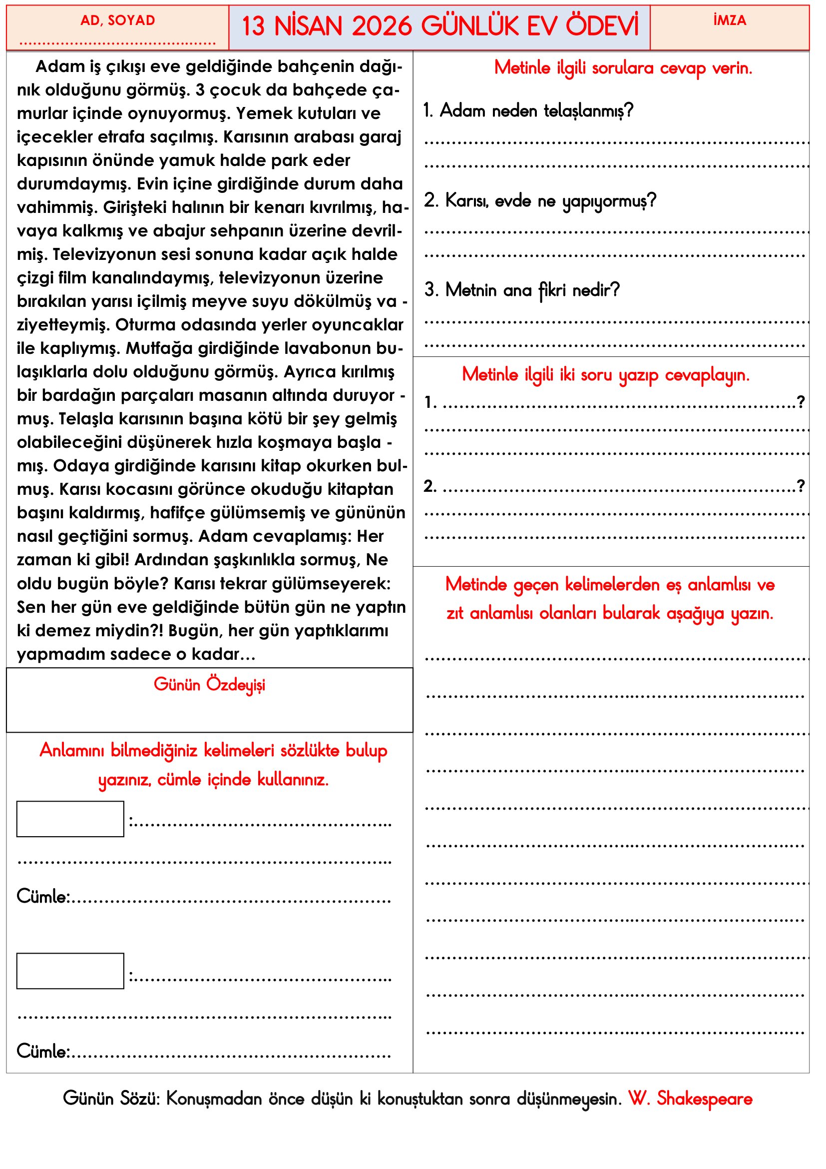 3.Sınıf - 13 Nisan 2026 Günlük Ev Ödevleri