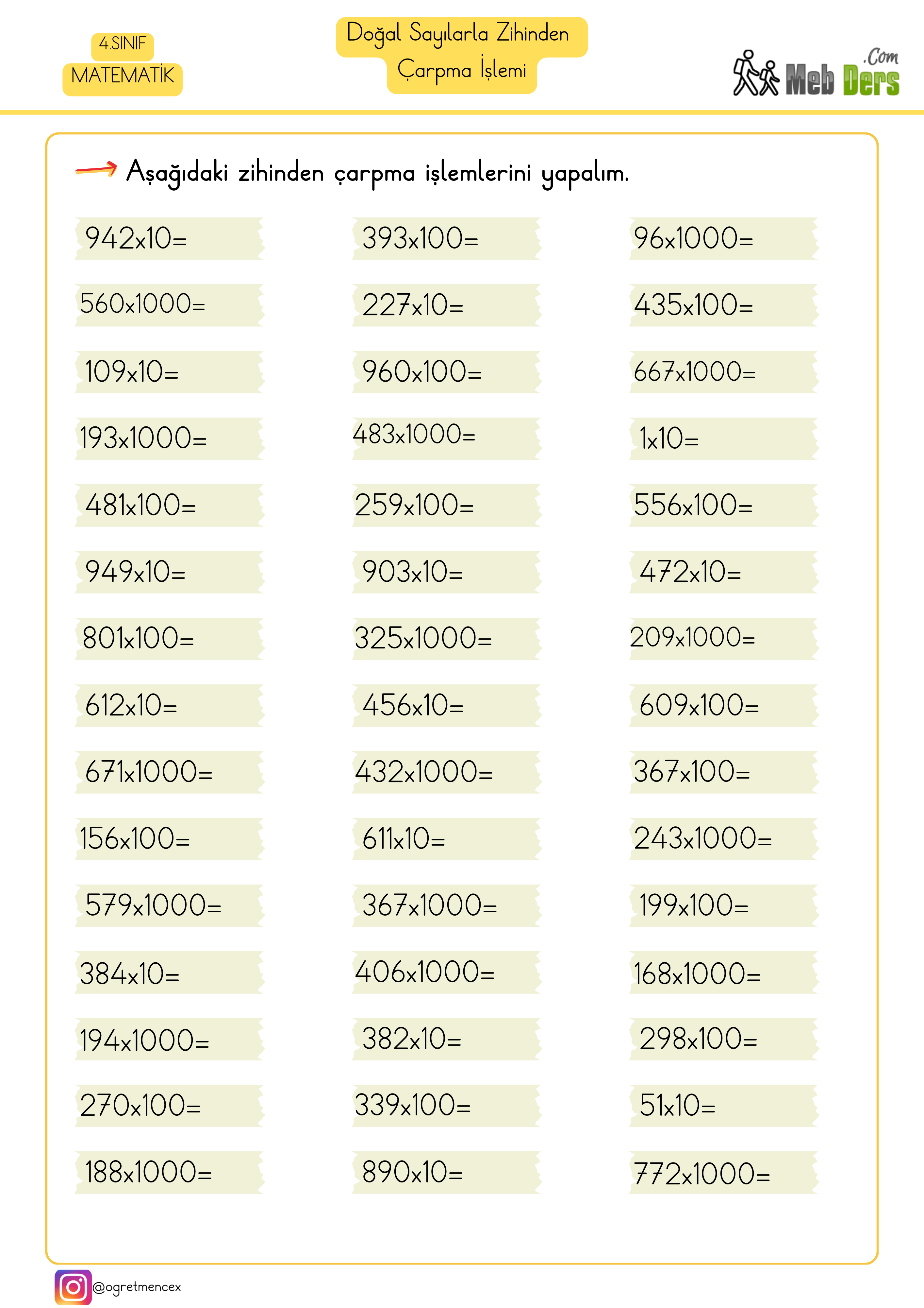 4. Sınıf Matematik Zihinden Çarpma İşlemi Çalışma Sayfası