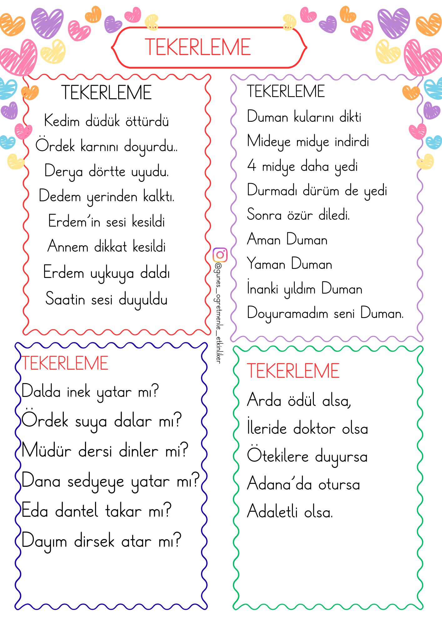 1.Sınıf D Sesi Tekerleme ve Okuduğunu Anlama Metinleri