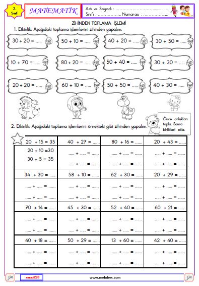 2. Sınıf Matematik Zihinden Toplama İşlemi Etkinliği 1