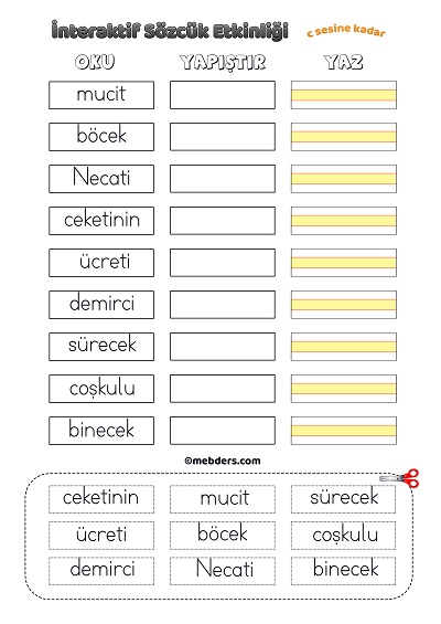 İnteraktif Sözcük Etkinliği - C Sesine Kadar