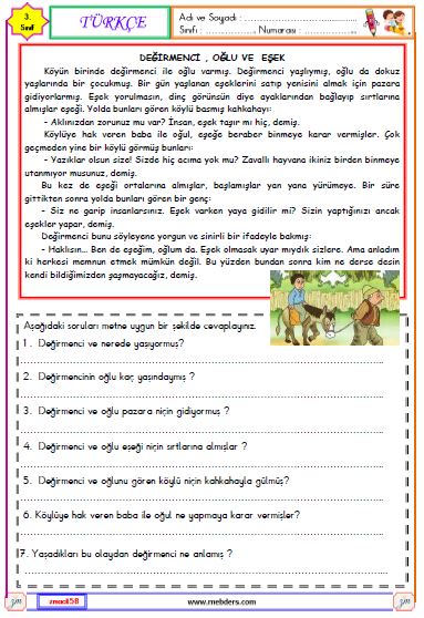 3. Sınıf Türkçe Okuma ve Anlama Metni Etkinliği (Değirmenci, Oğlu ve Eşek)