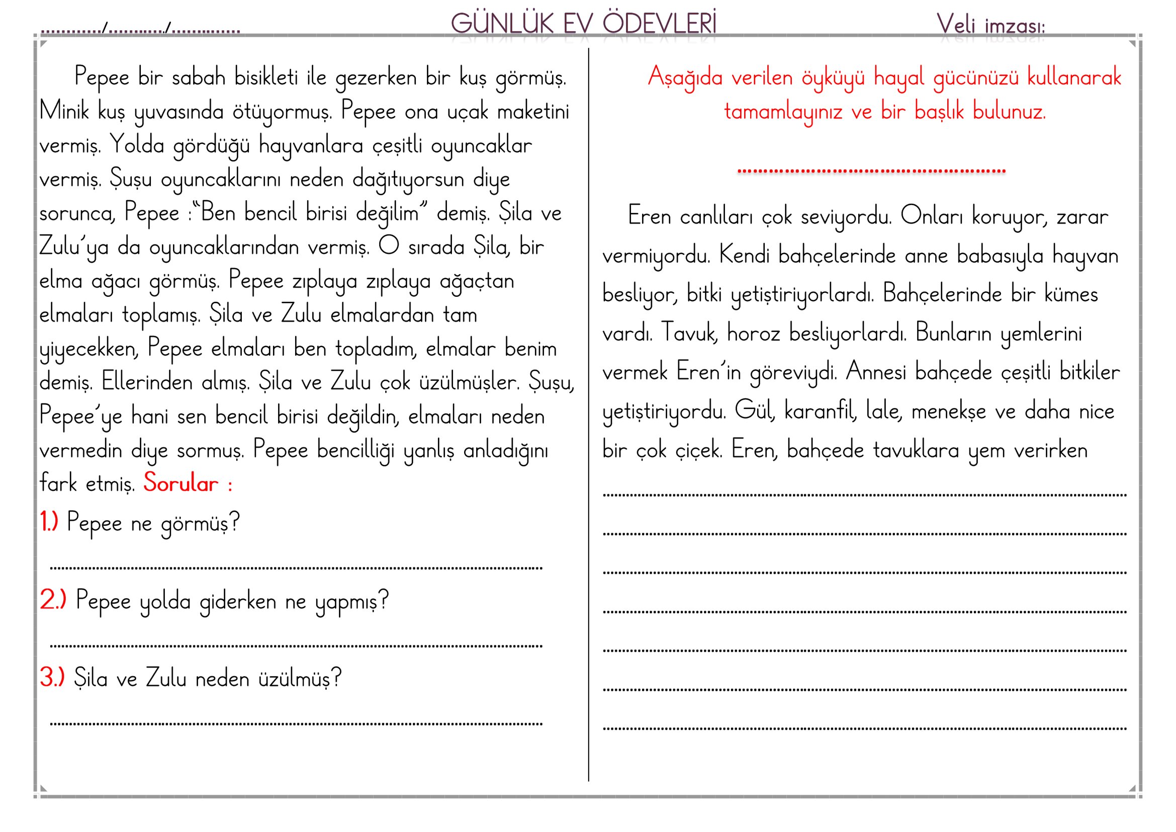 1.Sınıf - 15 Nisan 2026 Günlük Ev Ödevleri