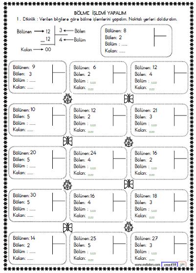 2. Sınıf Matematik Bölme İşlemi Etkinlikleri