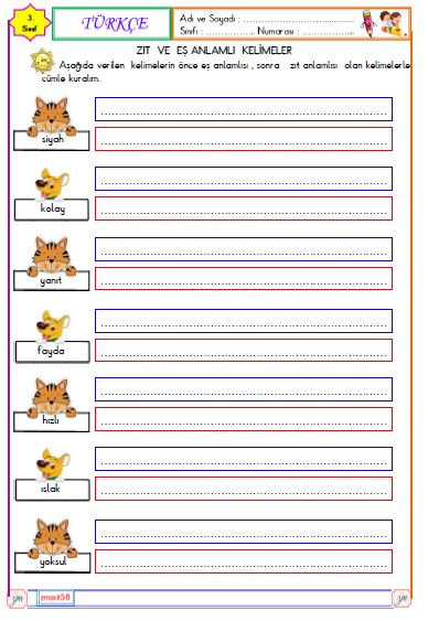 3. Sınıf Türkçe Zıt Anlamlı ve Eş Anlamlı  Kelimeler Etkinliği