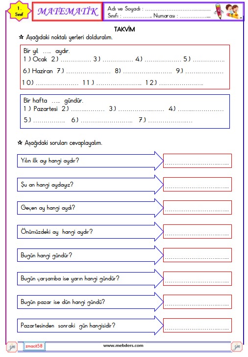 1. Sınıf Matematik Takvim Etkinliği 2