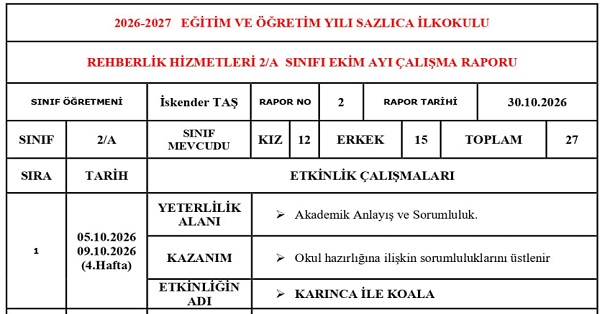 2026-2027 2. Sınıf Rehberlik Ekim Ayı Çalışma Raporu