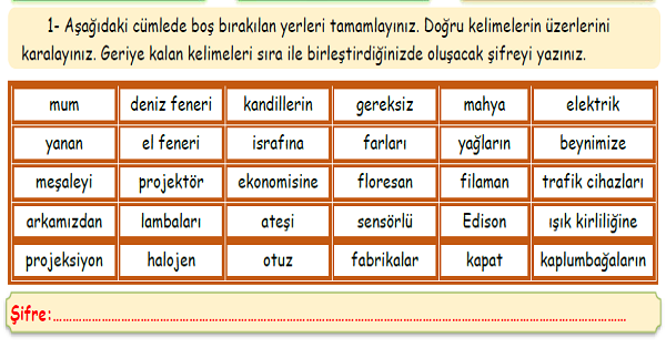 4.Sınıf Fen Bilgisi Aydınlatma ve Ses Teknolojileri Ünitesi Boşluk Doldurma Etkinlikleri