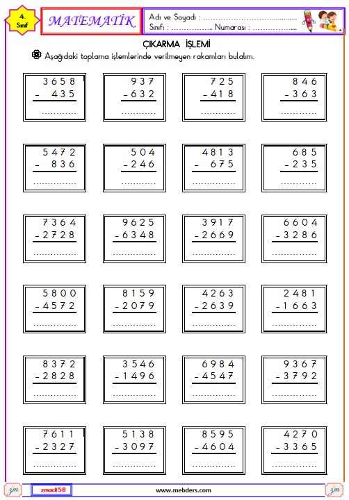 4. Sınıf Matematik Çıkarma İşlemi Etkinliği 1