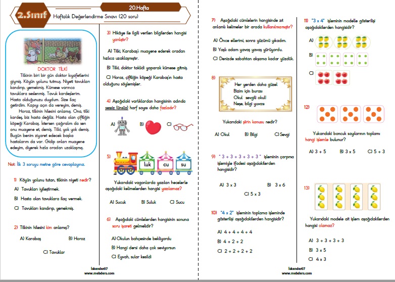 2.Sınıf Haftalık Değerlendirme Testi - 20.Hafta (07-11 Şubat)