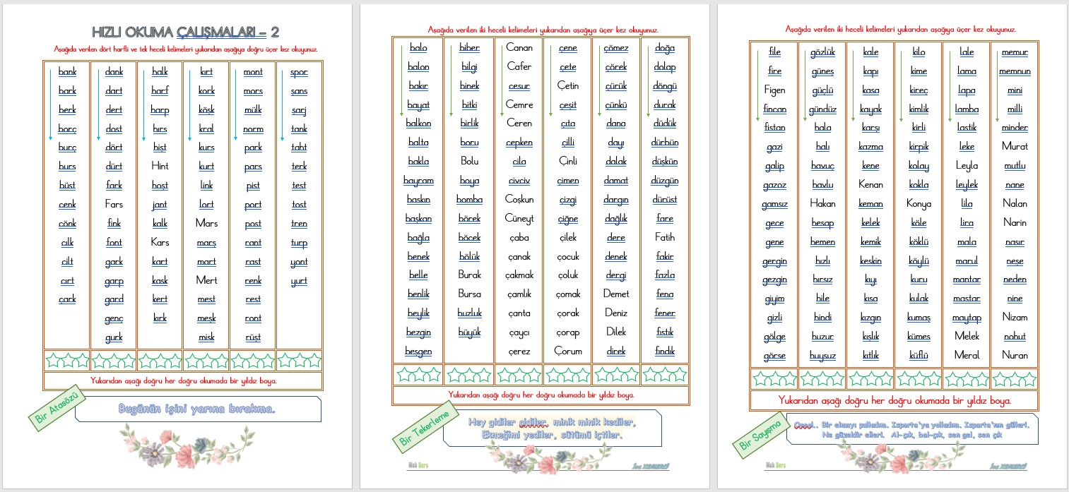 1. Sınıf Okumayı Hızlandırma Çalışması 2 (Hızlı Okuma) 5 Sayfa