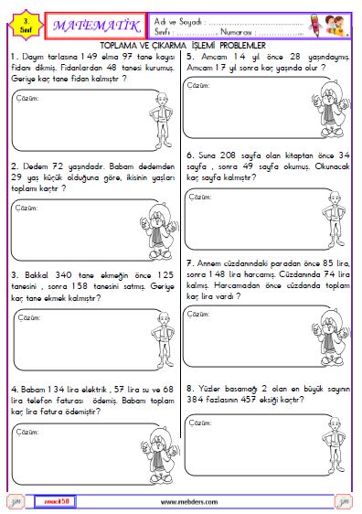 3. Sınıf Matematik Toplama ve Çıkarma İşlemi Problemleri Etkinliği 1