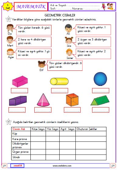 3. Sınıf Matematik Geometrik Cisimler Etkinliği 3