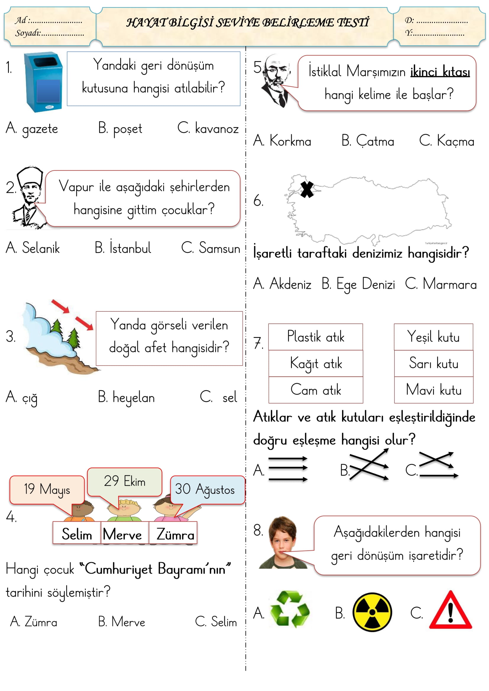 1.Sınıf Hayat Bilgisi Seviye Belirleme Testi-3