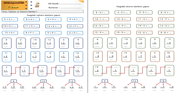 1.Sınıf Matematik Toplama ve Çıkarma İşlemi Etkinliği 1