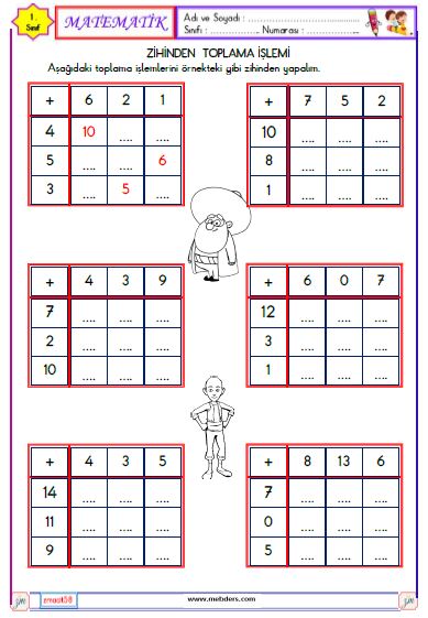 1. Sınıf Matematik Zihinden Toplama İşlemi Etkinliği 2