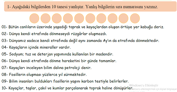 4.Sınıf Fen Bilimleri Yer Kabuğu ve Dünyamızın Hareketleri Doğru Yanlış Etkinliği