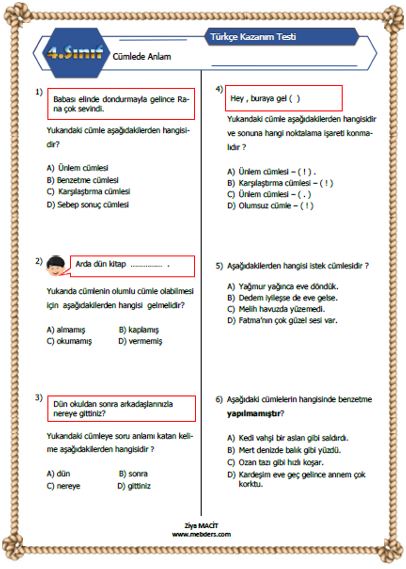 4. Sınıf Türkçe Cümlede Anlam Kazanım Testi