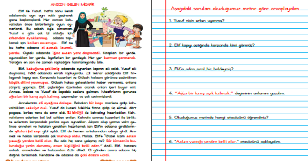 4. Sınıf Türkçe Okuma Anlama (Ansızın Gelen Misafir) Atasözü ve Deyim İçerikli
