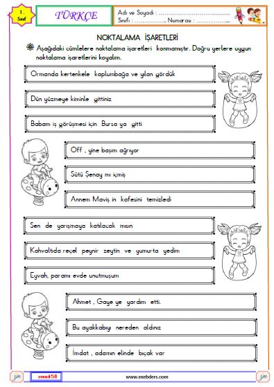 1. Sınıf Türkçe Noktalama İşaretleri Etkinliği 2