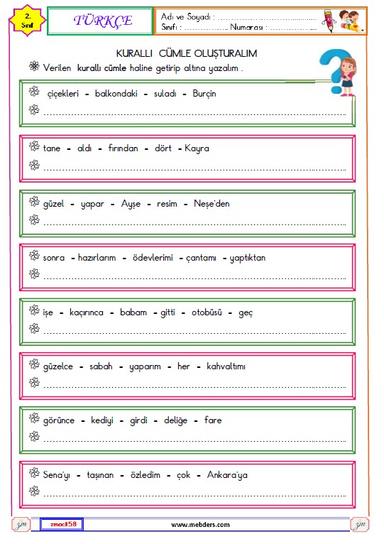 2. Sınıf Türkçe Kurallı Cümle Etkinliği