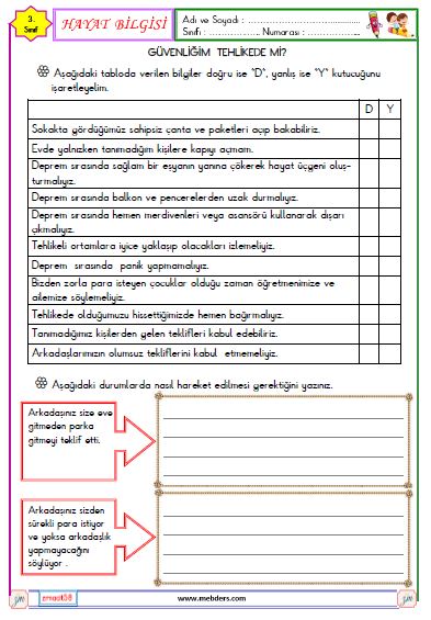 3. Sınıf Hayat Bilgisi Güvenliğim Tehlikede mi Etkinliği