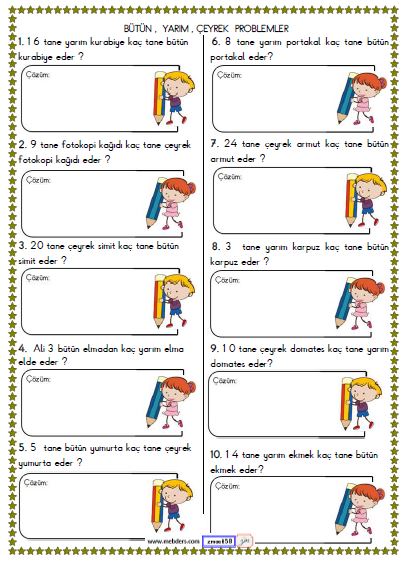 2. Sınıf Matematik Bütün , Yarım ve Çeyrek Problemleri Etkinliği 2