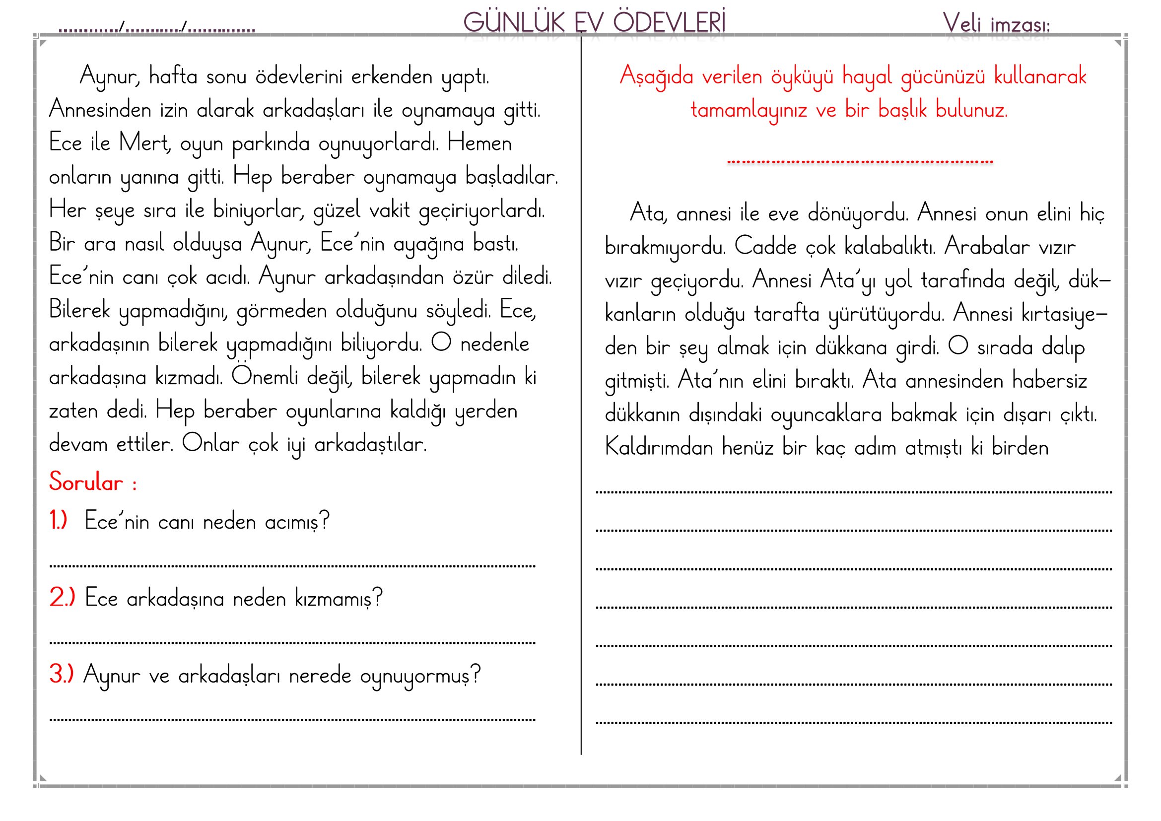 1.Sınıf - 10 Mart 2026 Günlük Ev Ödevleri