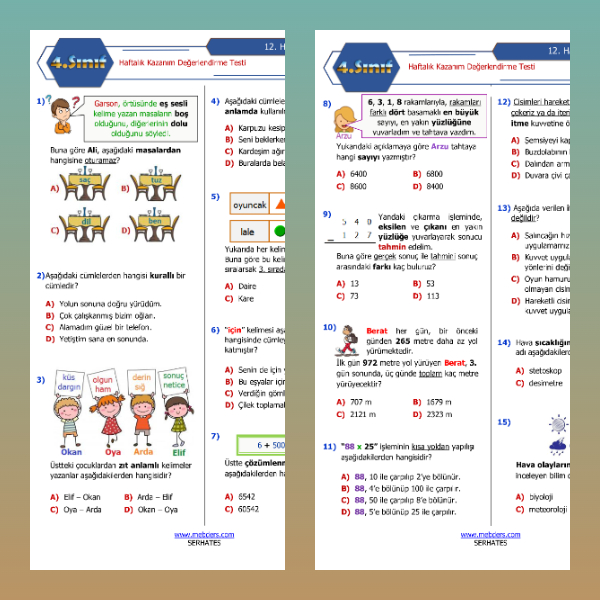 4. Sınıf Haftalık Değerlendirme Testi - 12. Hafta