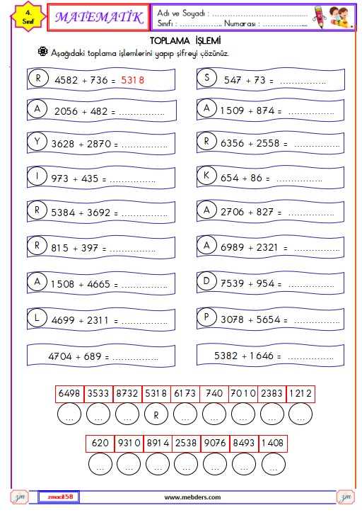 4. Sınıf Matematik Toplama İşlemi Etkinliği 2