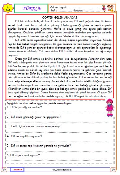 3. Sınıf Türkçe Okuma ve Anlama Metni  Etkinliği ( Çöpten Gelen Arkadaş )