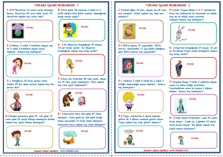 2.Sınıf Matematik Toplama İşlemi Problemleri  (4 Sayfa)