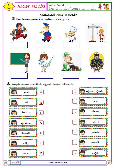 3. Sınıf Hayat Bilgisi Meslekler  Etkinliği